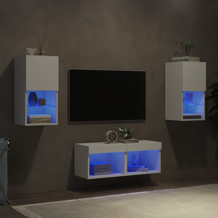 4-Delige Tv-Wandmeubelset Met Led-Verlichting Wit