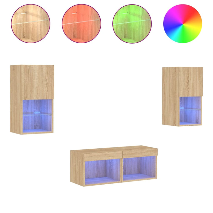 4-Delige Tv-Wandmeubelset Met Led-Verlichting Kleur Sonoma eiken