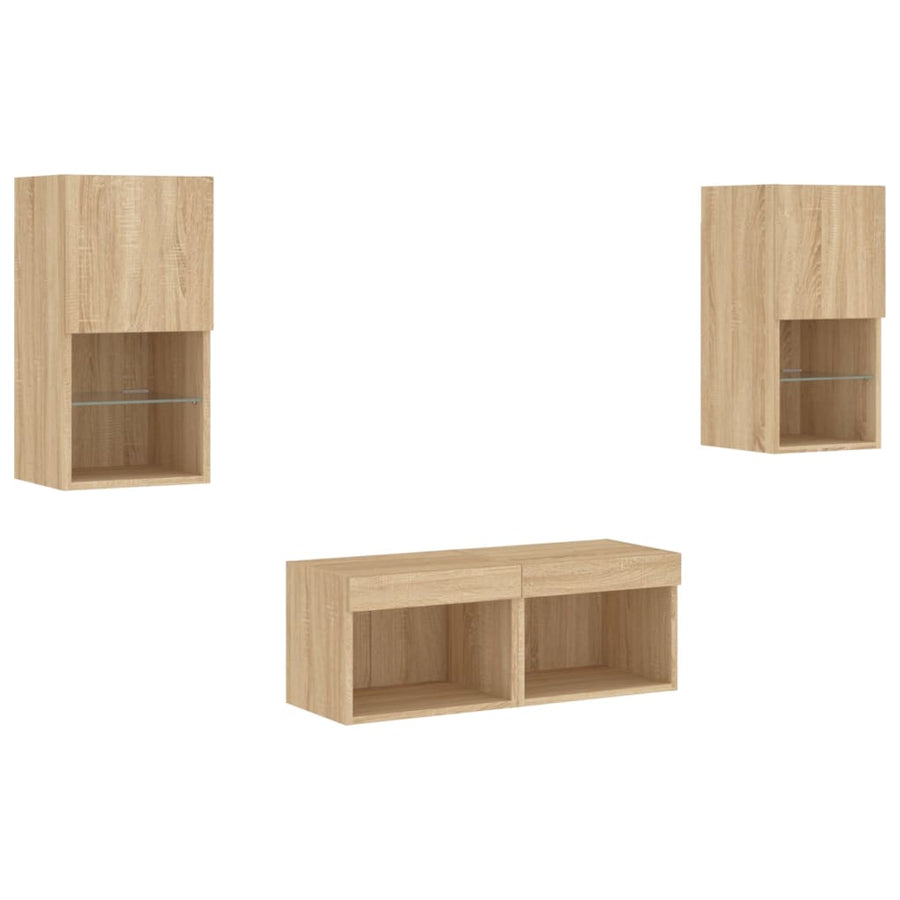 4-Delige Tv-Wandmeubelset Met Led-Verlichting Kleur Sonoma eiken