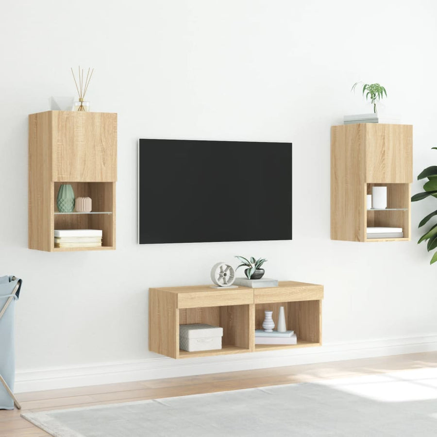 4-Delige Tv-Wandmeubelset Met Led-Verlichting Kleur Sonoma eiken