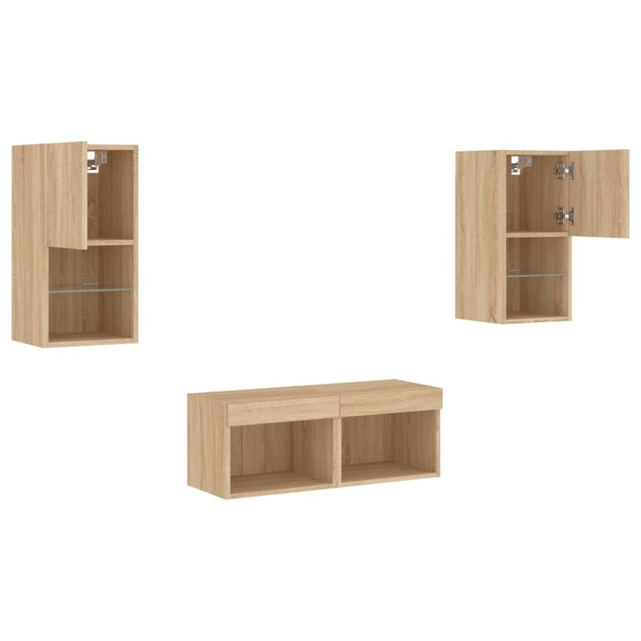 4-Delige Tv-Wandmeubelset Met Led-Verlichting Kleur Sonoma eiken