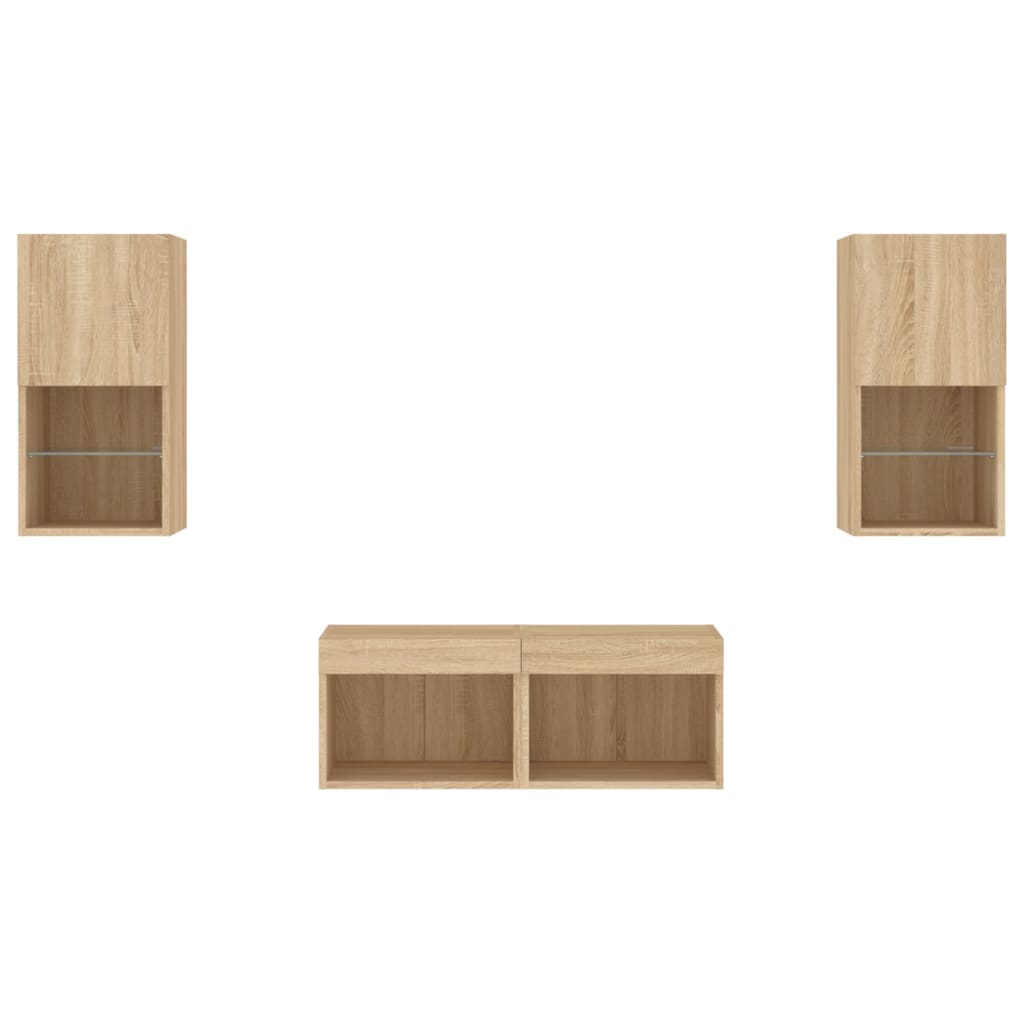 4-Delige Tv-Wandmeubelset Met Led-Verlichting Kleur Sonoma eiken