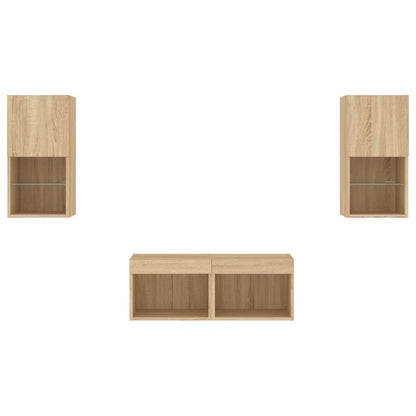 4-Delige Tv-Wandmeubelset Met Led-Verlichting Kleur Sonoma eiken