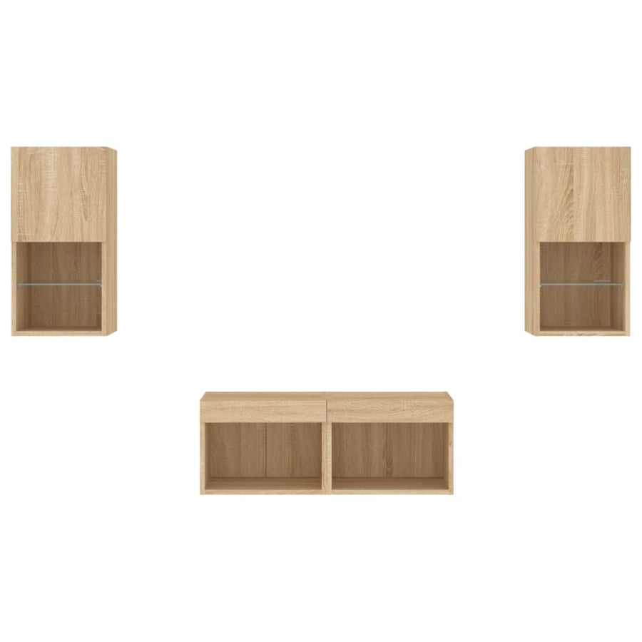 4-Delige Tv-Wandmeubelset Met Led-Verlichting Kleur Sonoma eiken