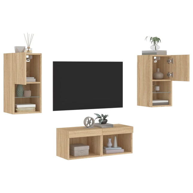 4-Delige Tv-Wandmeubelset Met Led-Verlichting Kleur Sonoma eiken