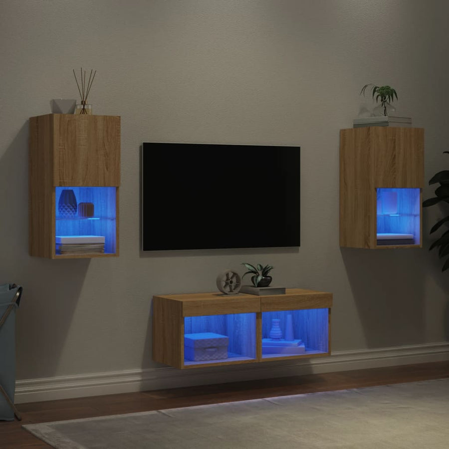 4-Delige Tv-Wandmeubelset Met Led-Verlichting Kleur Sonoma eiken