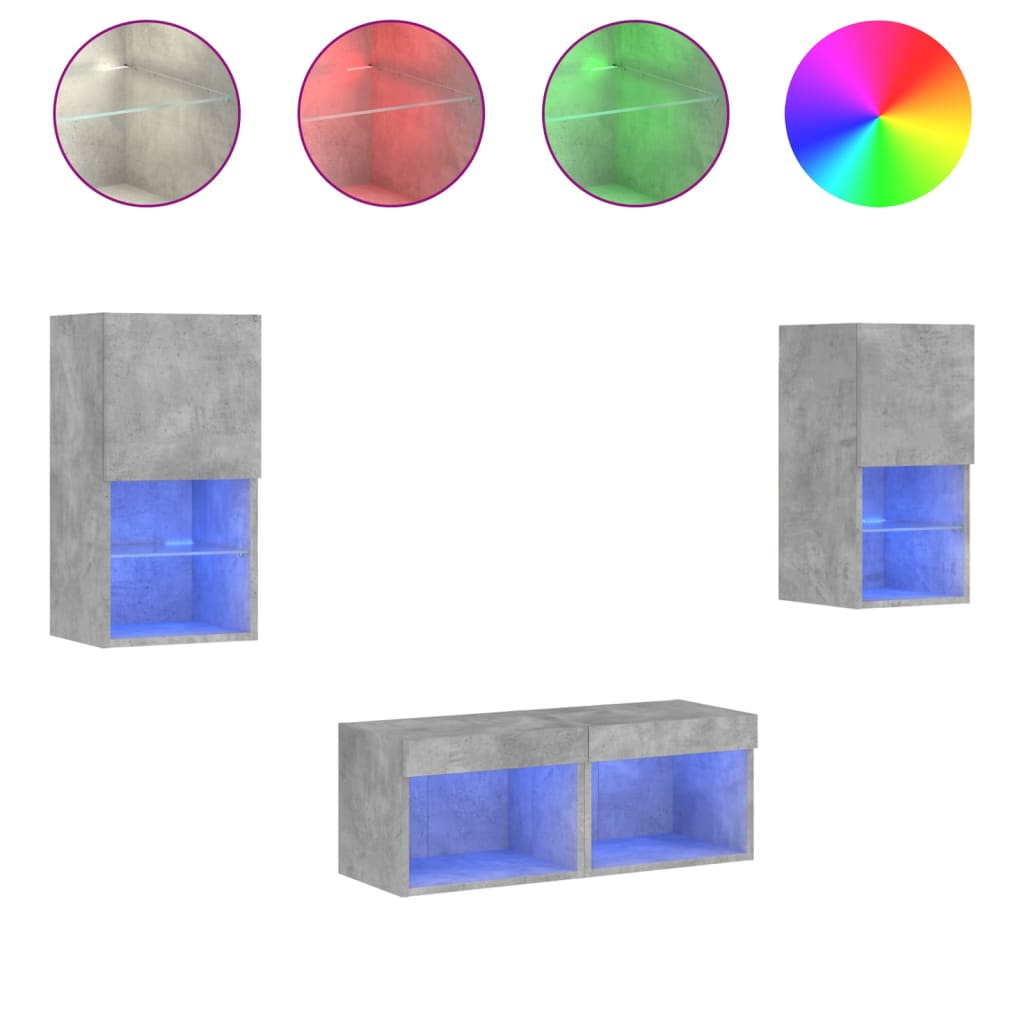 4-Delige Tv-Wandmeubelset Met Led-Verlichting Betongrijs