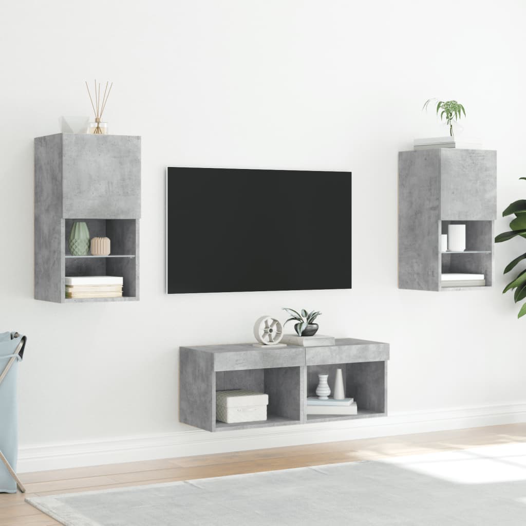 4-Delige Tv-Wandmeubelset Met Led-Verlichting Betongrijs