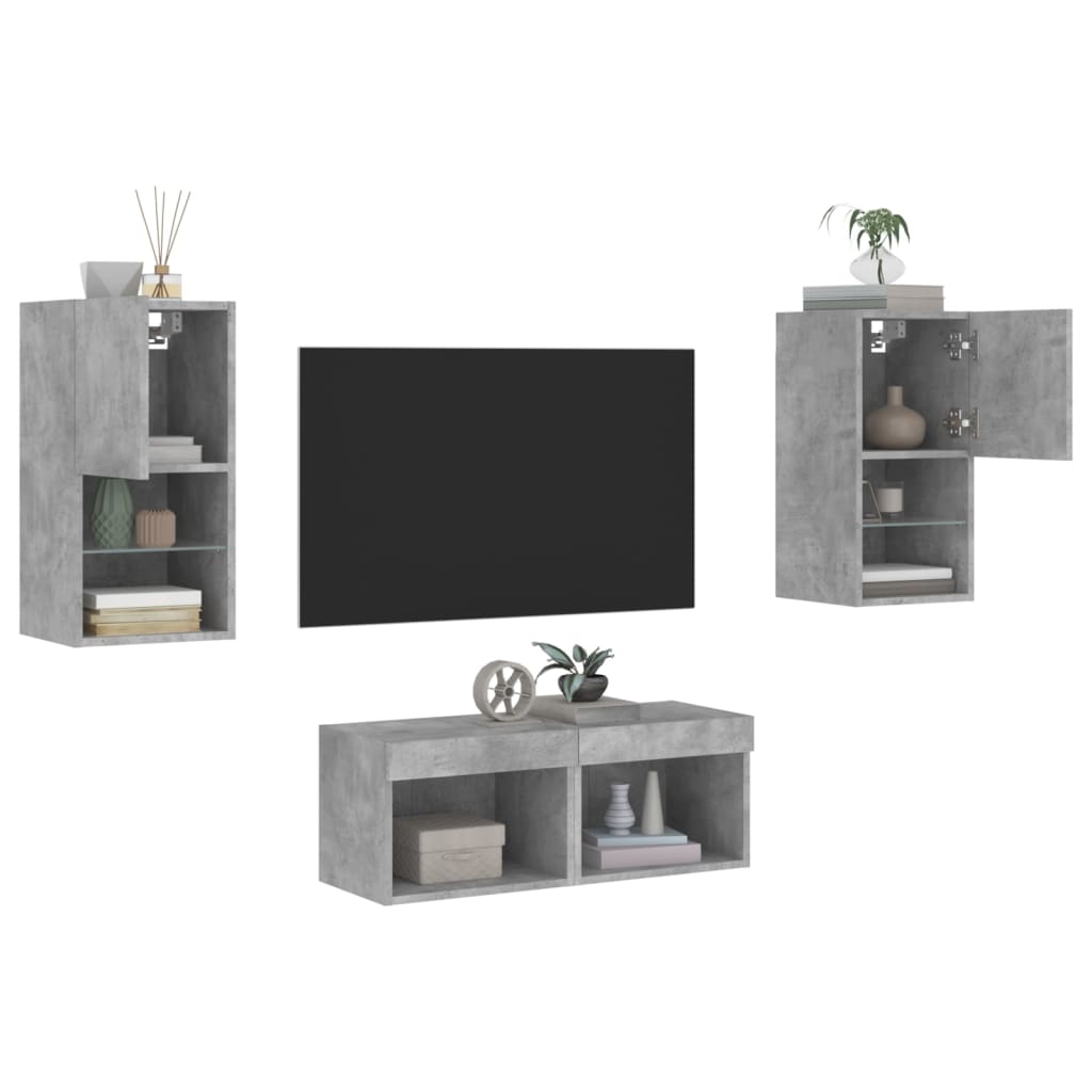 4-Delige Tv-Wandmeubelset Met Led-Verlichting Betongrijs