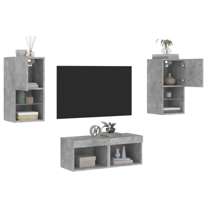 4-Delige Tv-Wandmeubelset Met Led-Verlichting Betongrijs