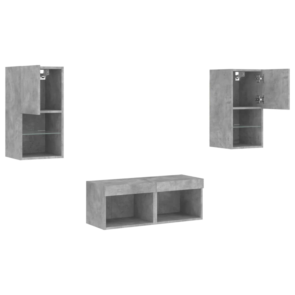 4-Delige Tv-Wandmeubelset Met Led-Verlichting Betongrijs