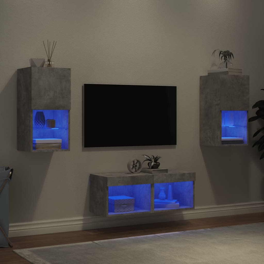 4-Delige Tv-Wandmeubelset Met Led-Verlichting Betongrijs