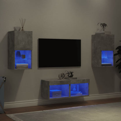 4-Delige Tv-Wandmeubelset Met Led-Verlichting Betongrijs