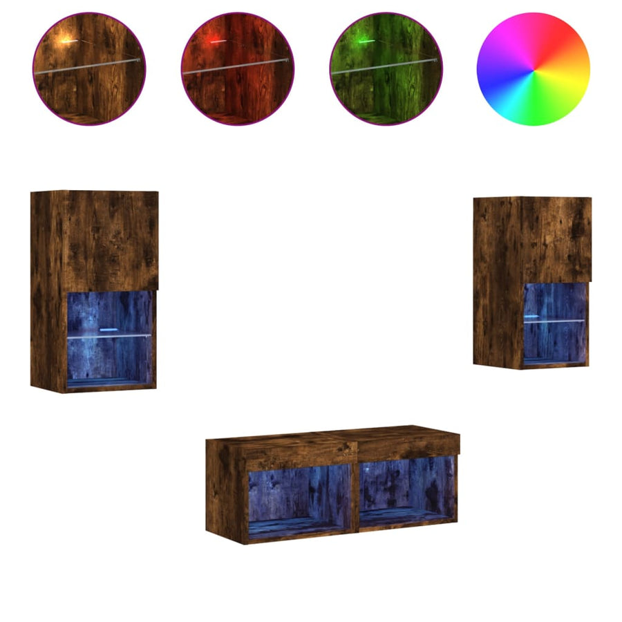 4-Delige Tv-Wandmeubelset Met Led-Verlichting Gerookt eiken