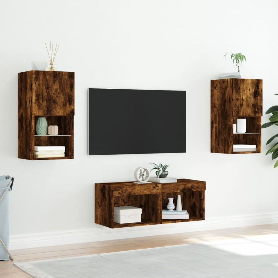 4-Delige Tv-Wandmeubelset Met Led-Verlichting Gerookt eiken