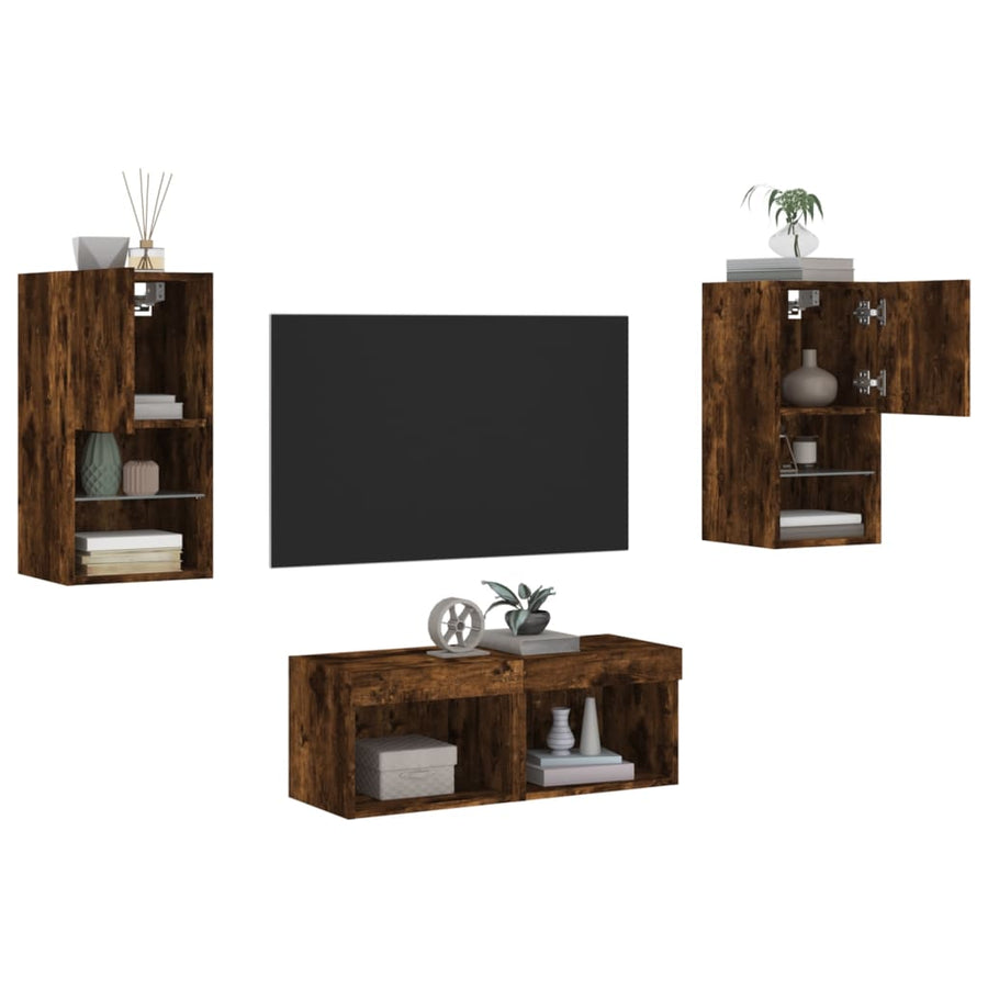 4-Delige Tv-Wandmeubelset Met Led-Verlichting Gerookt eiken