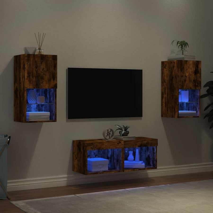 4-Delige Tv-Wandmeubelset Met Led-Verlichting Gerookt eiken