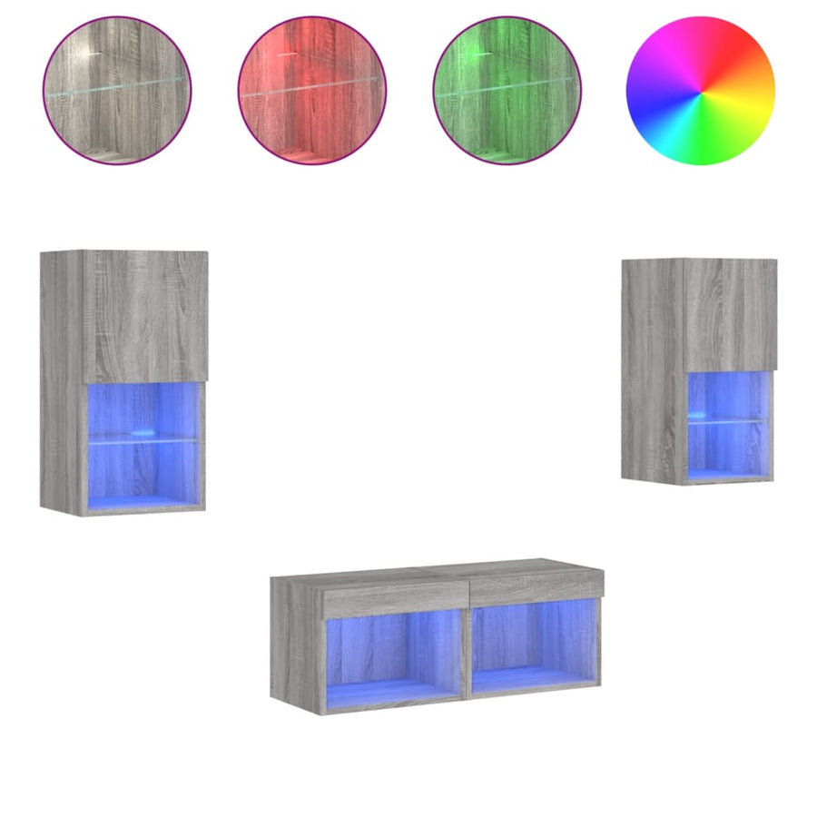 4-delige tv-wandmeubelset met LED-verlichting grijs sonoma