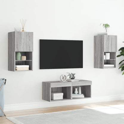 4-delige tv-wandmeubelset met LED-verlichting grijs sonoma