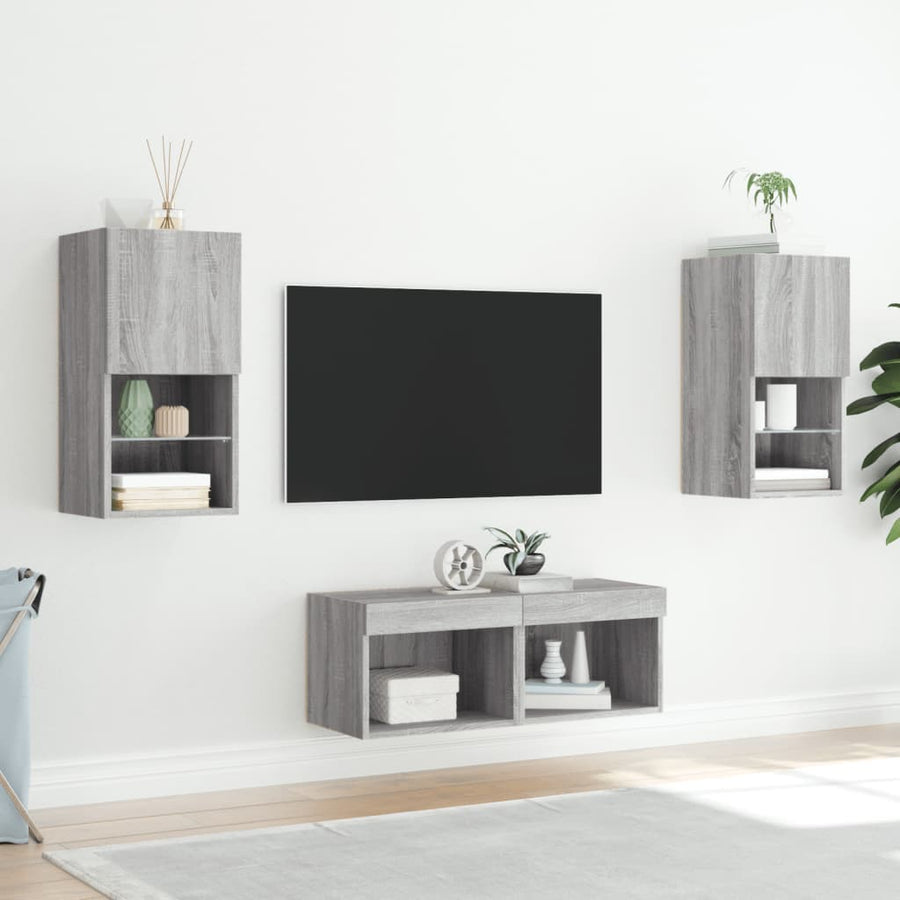 4-delige tv-wandmeubelset met LED-verlichting grijs sonoma