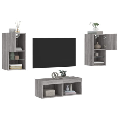 4-delige tv-wandmeubelset met LED-verlichting grijs sonoma