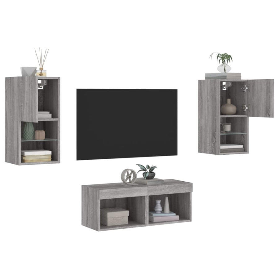 4-delige tv-wandmeubelset met LED-verlichting grijs sonoma