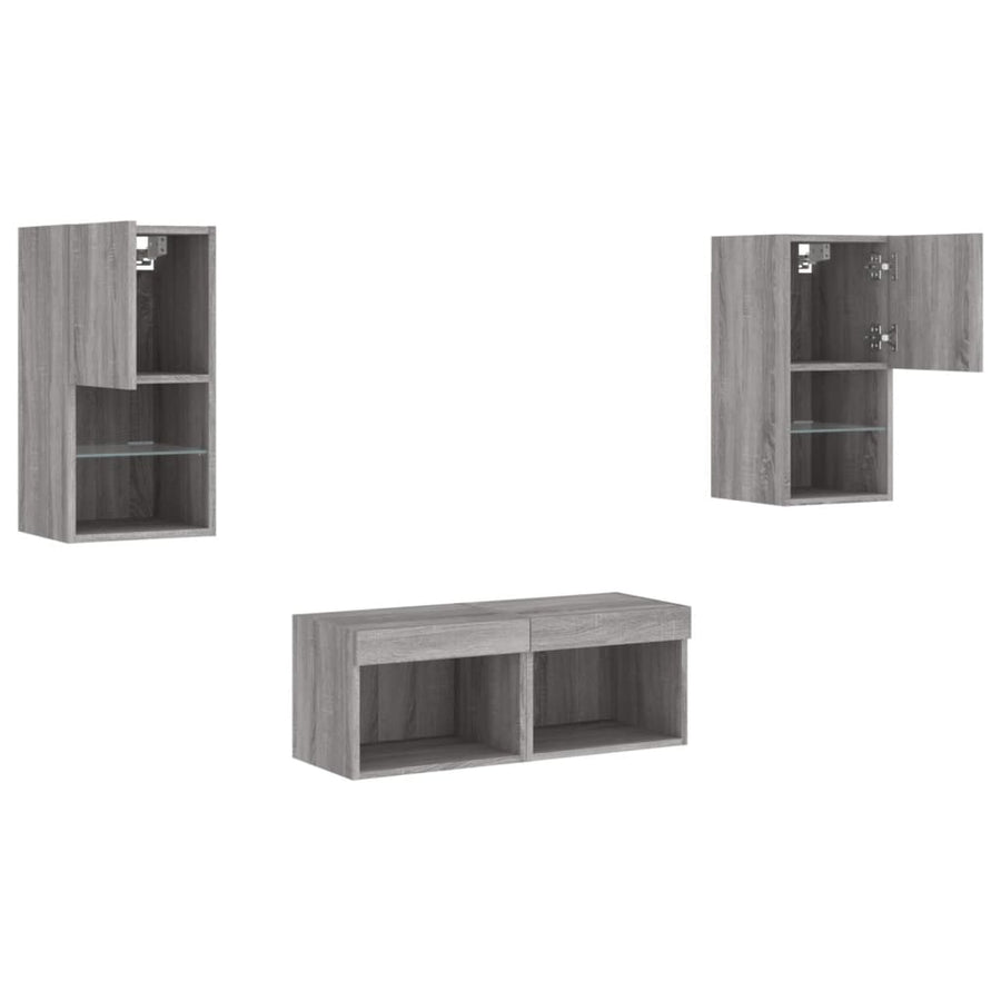 4-delige tv-wandmeubelset met LED-verlichting grijs sonoma
