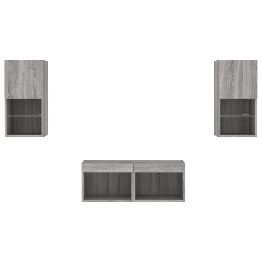 4-delige tv-wandmeubelset met LED-verlichting grijs sonoma