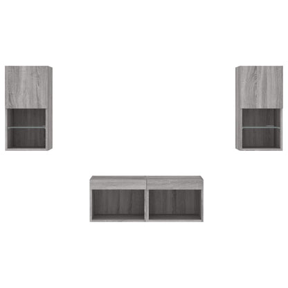 4-delige tv-wandmeubelset met LED-verlichting grijs sonoma