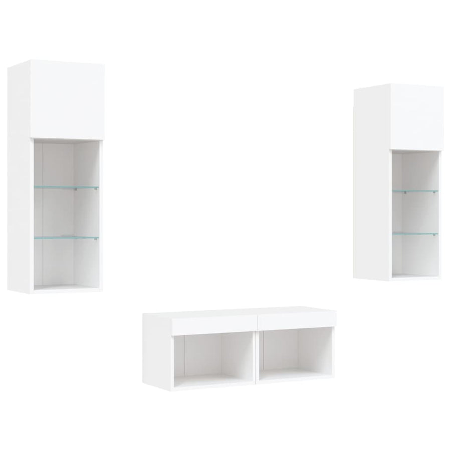 4-Delige Tv-Wandmeubelset Met Led-Verlichting Wit