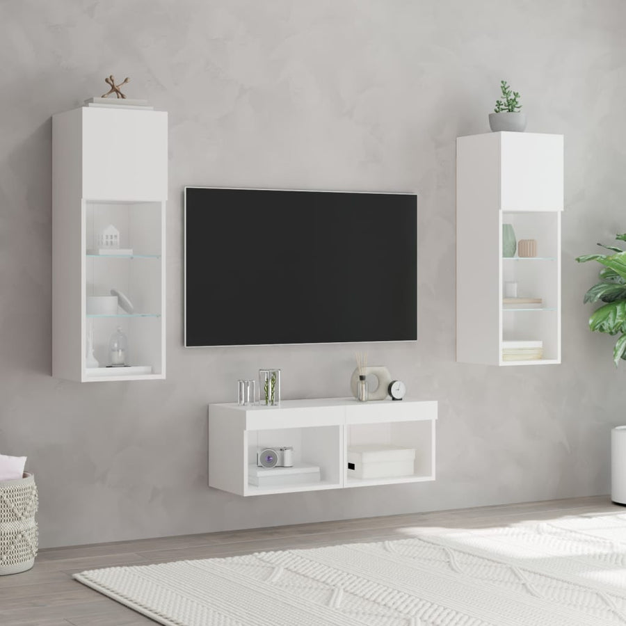 4-Delige Tv-Wandmeubelset Met Led-Verlichting Wit