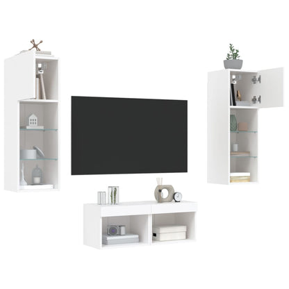 4-Delige Tv-Wandmeubelset Met Led-Verlichting Wit