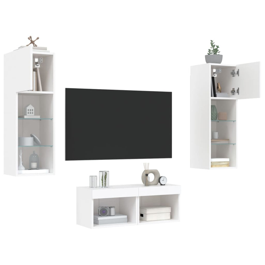 4-Delige Tv-Wandmeubelset Met Led-Verlichting Wit