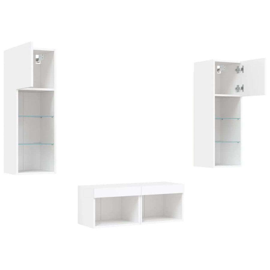 4-Delige Tv-Wandmeubelset Met Led-Verlichting Wit