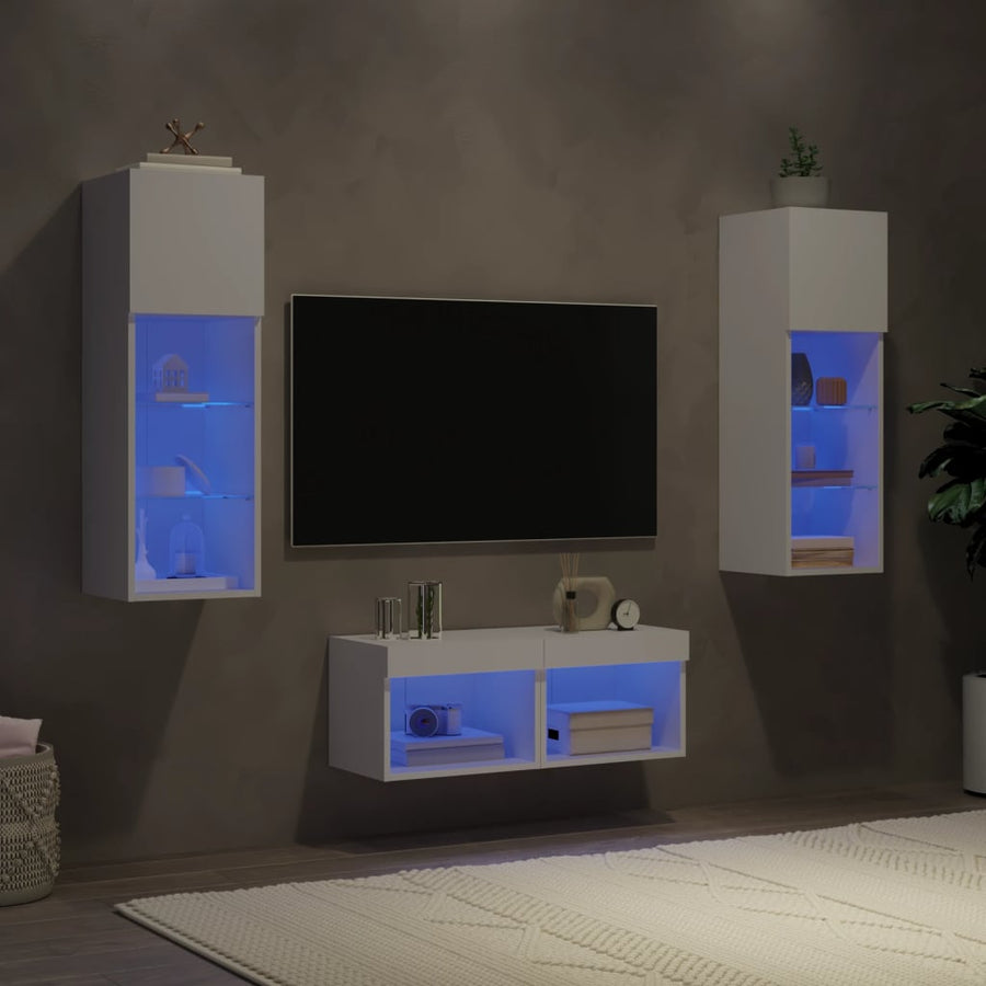4-Delige Tv-Wandmeubelset Met Led-Verlichting Wit