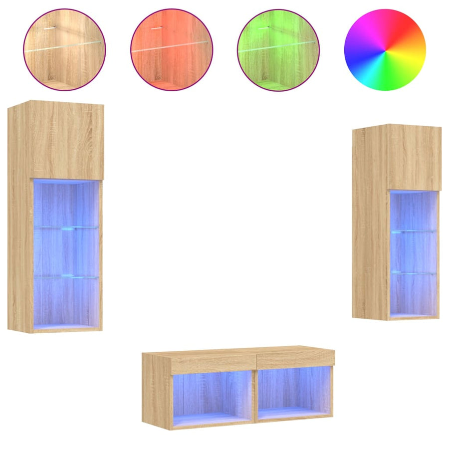 4-Delige Tv-Wandmeubelset Met Led-Verlichting Kleur Sonoma eiken