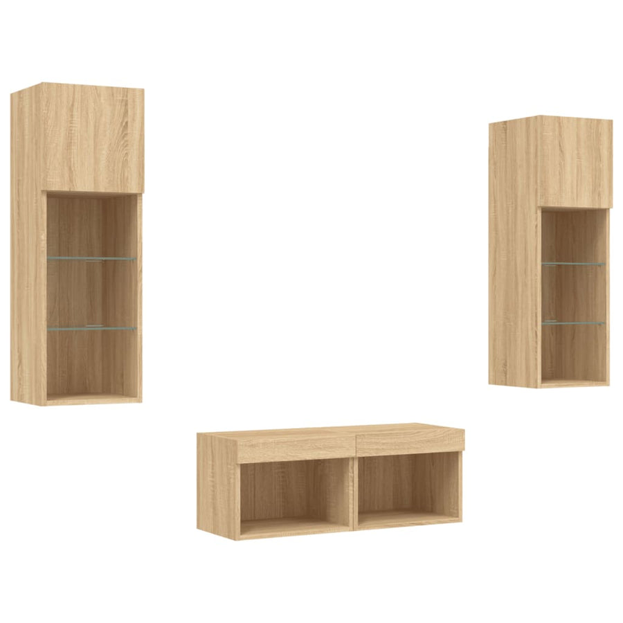 4-Delige Tv-Wandmeubelset Met Led-Verlichting Kleur Sonoma eiken