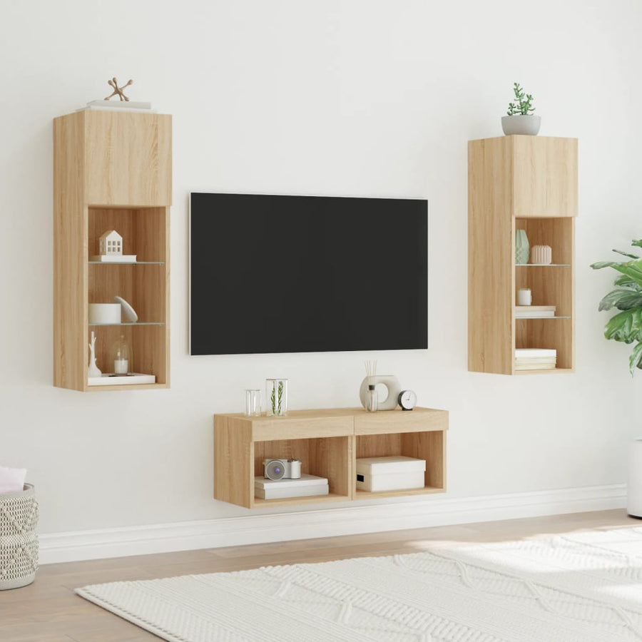 4-Delige Tv-Wandmeubelset Met Led-Verlichting Kleur Sonoma eiken