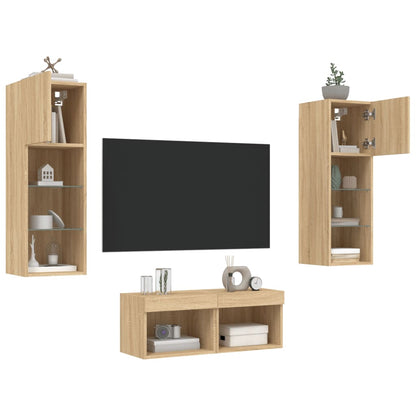 4-Delige Tv-Wandmeubelset Met Led-Verlichting Kleur Sonoma eiken