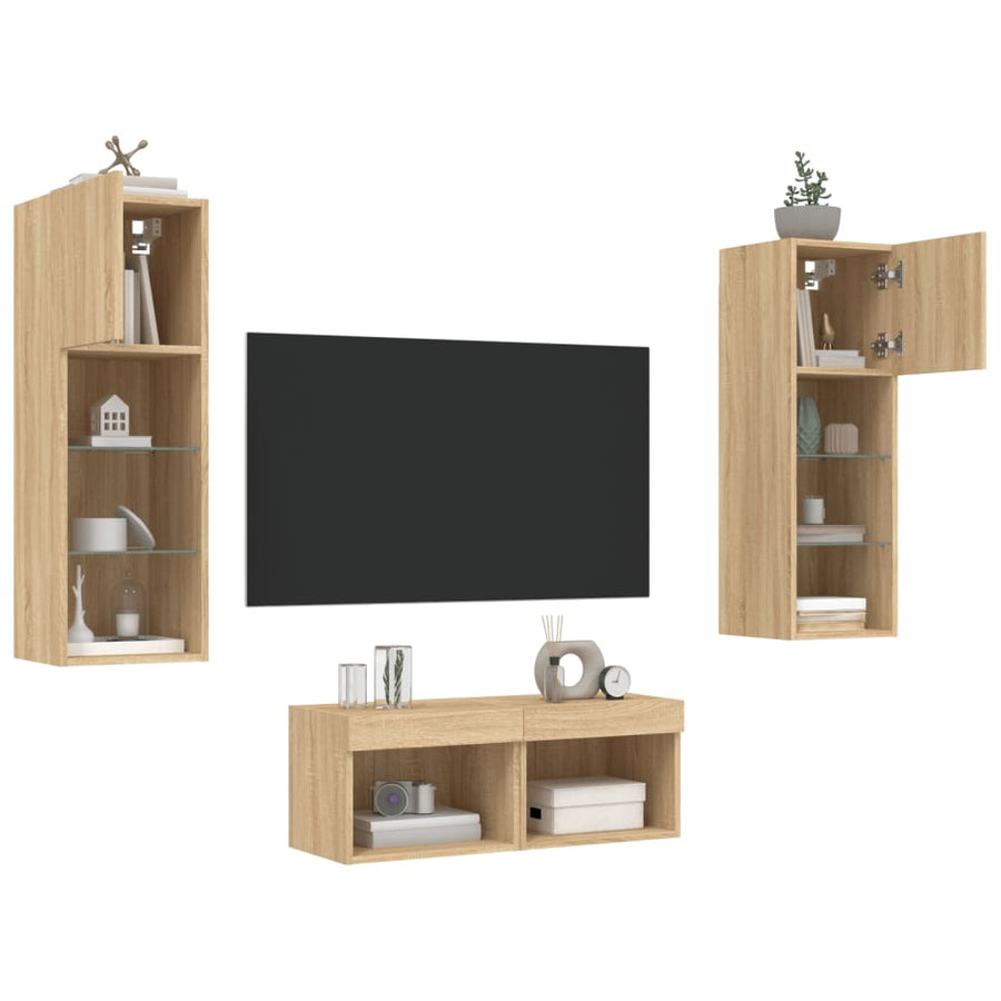4-Delige Tv-Wandmeubelset Met Led-Verlichting Kleur Sonoma eiken