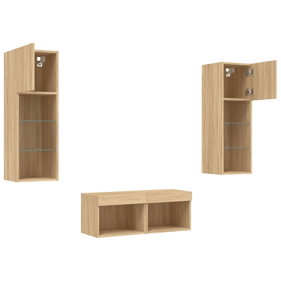 4-Delige Tv-Wandmeubelset Met Led-Verlichting Kleur Sonoma eiken