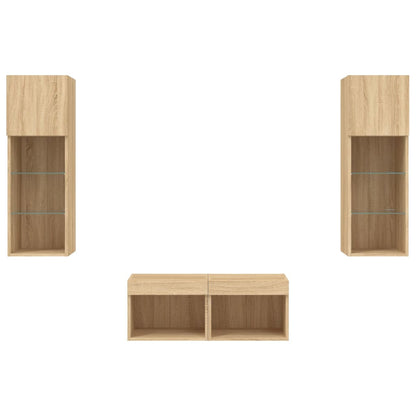 4-Delige Tv-Wandmeubelset Met Led-Verlichting Kleur Sonoma eiken