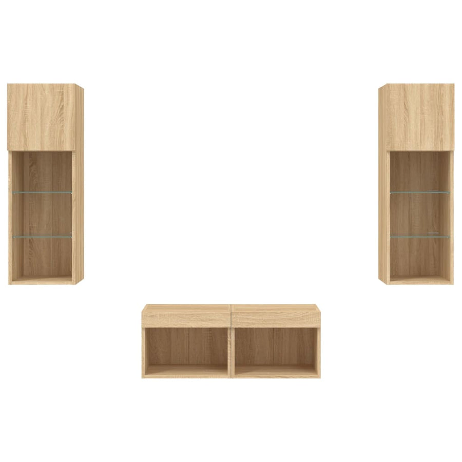 4-Delige Tv-Wandmeubelset Met Led-Verlichting Kleur Sonoma eiken
