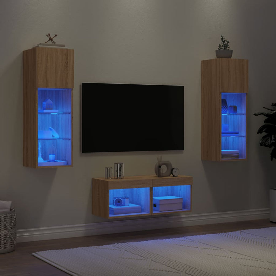 4-Delige Tv-Wandmeubelset Met Led-Verlichting Kleur Sonoma eiken