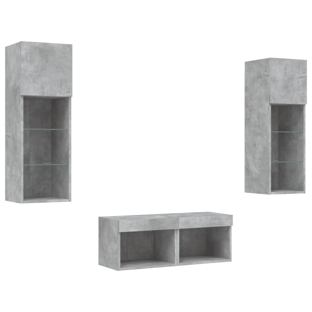 4-delige tv-wandmeubelset met LED-verlichting betongrijs
