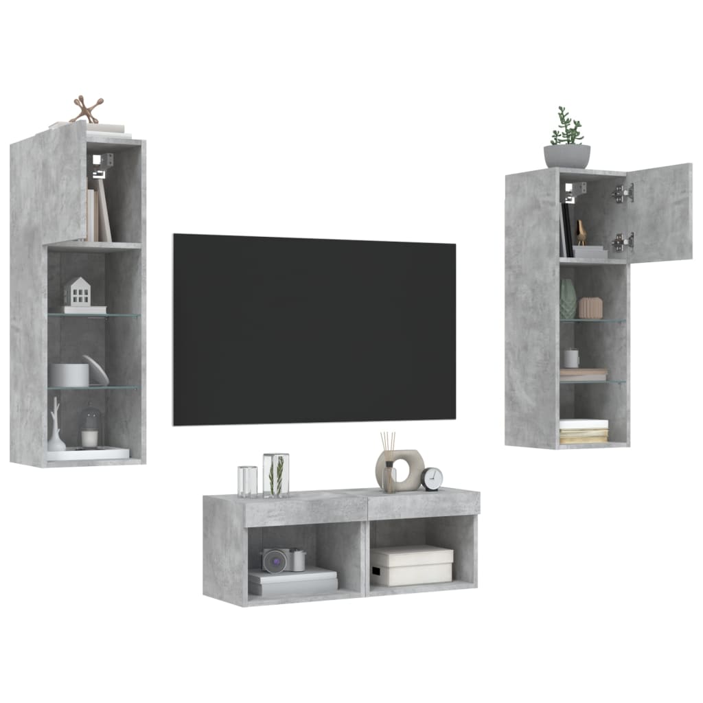 4-delige tv-wandmeubelset met LED-verlichting betongrijs