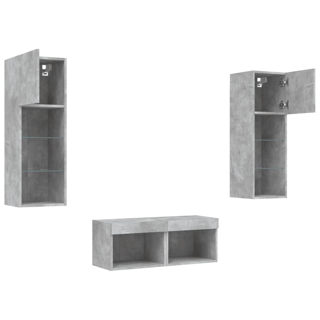 4-delige tv-wandmeubelset met LED-verlichting betongrijs