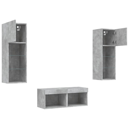 4-delige tv-wandmeubelset met LED-verlichting betongrijs
