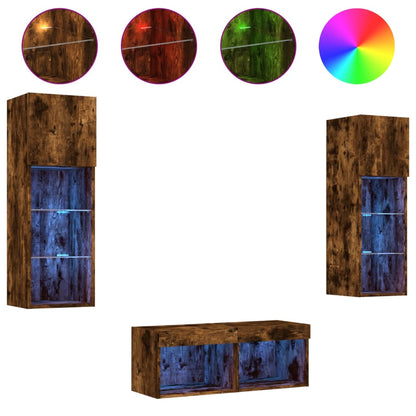 4-Delige Tv-Wandmeubelset Met Led-Verlichting Gerookt eiken