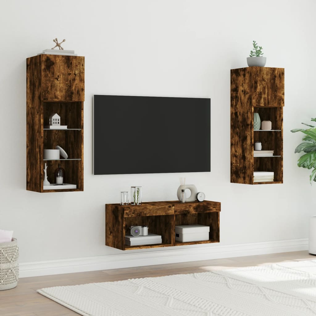 4-Delige Tv-Wandmeubelset Met Led-Verlichting Gerookt eiken